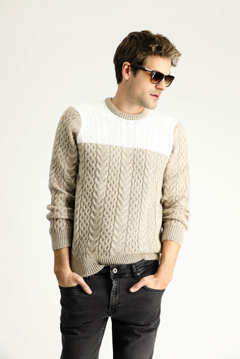 Medium Mink Crew Neck Slim Fit Narrow Cut Patterned Knit Sweater