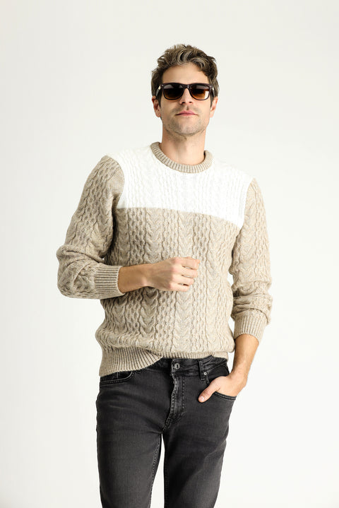 Medium Mink Crew Neck Slim Fit Narrow Cut Patterned Knit Sweater
