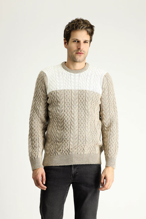Medium Mink Crew Neck Slim Fit Narrow Cut Patterned Knit Sweater