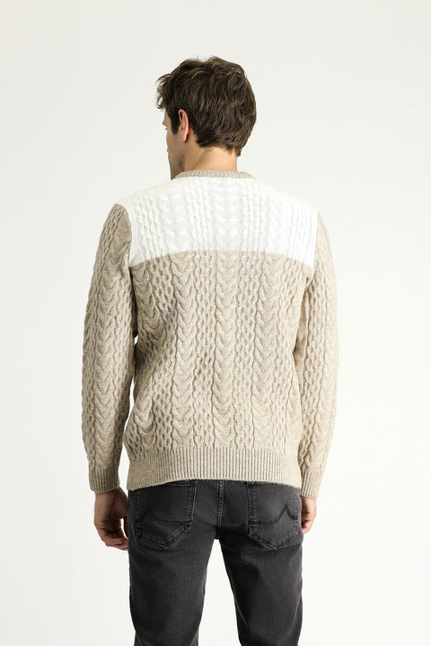 Medium Mink Crew Neck Slim Fit Narrow Cut Patterned Knit Sweater