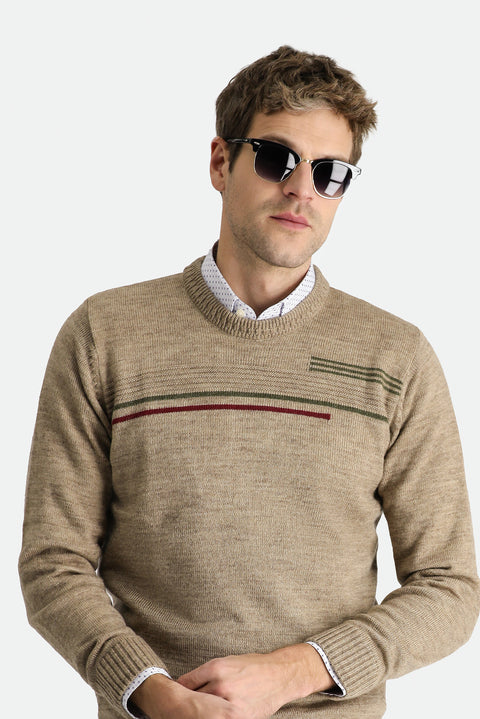 Medium Mink Crew Neck Regular Fit Patterned Knit Sweater