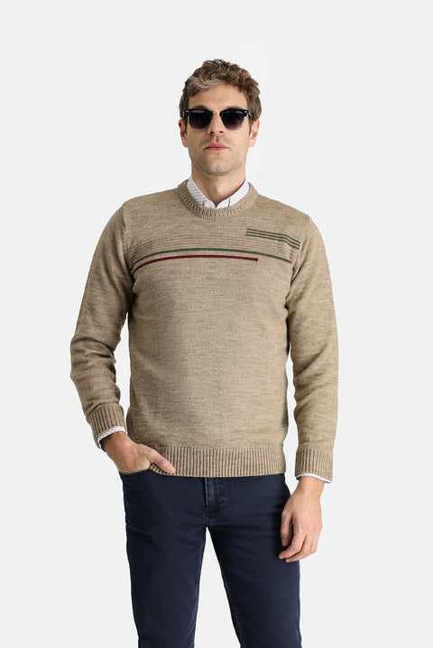 Medium Mink Crew Neck Regular Fit Patterned Knit Sweater