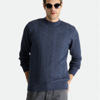Indigo Crew Neck Slim Fit Narrow Cut Patterned Knit Sweater
