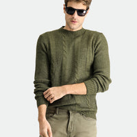 Light Khaki Crew Neck Slim Fit Narrow Cut Patterned Knit Sweater