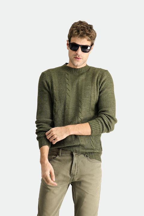 Light Khaki Crew Neck Slim Fit Narrow Cut Patterned Knit Sweater