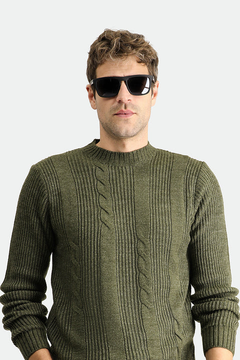Light Khaki Crew Neck Slim Fit Narrow Cut Patterned Knit Sweater