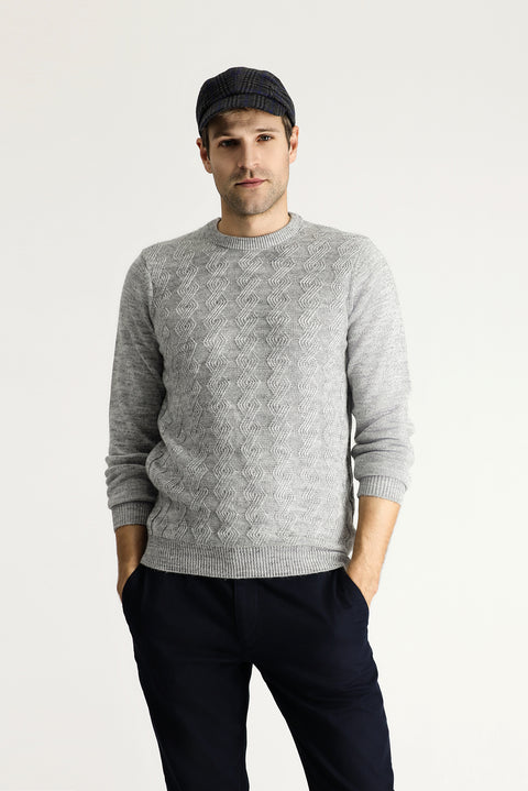Light Grey Melange Crew Neck Slim Fit Narrow Cut Patterned Knit Sweater