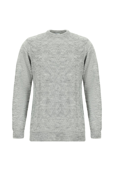 Light Grey Melange Crew Neck Slim Fit Narrow Cut Patterned Knit Sweater
