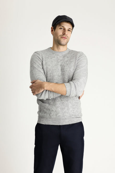 Light Grey Melange Crew Neck Slim Fit Narrow Cut Patterned Knit Sweater