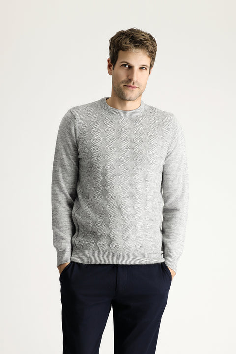 Light Grey Melange Crew Neck Slim Fit Narrow Cut Patterned Knit Sweater