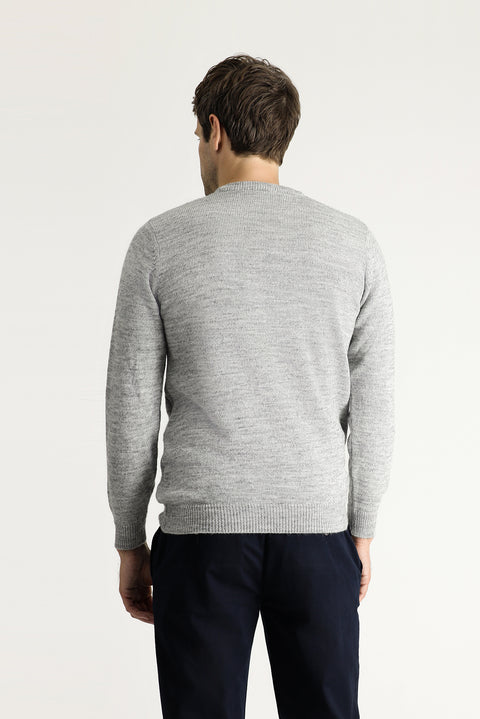 Light Grey Melange Crew Neck Slim Fit Narrow Cut Patterned Knit Sweater