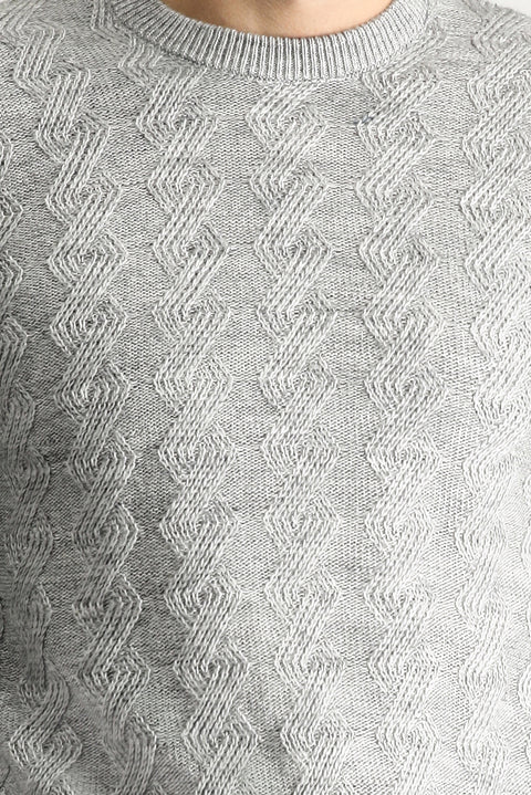 Light Grey Melange Crew Neck Slim Fit Narrow Cut Patterned Knit Sweater