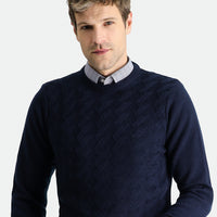 Dark Navy Crew Neck Slim Fit Narrow Cut Patterned Knit Sweater