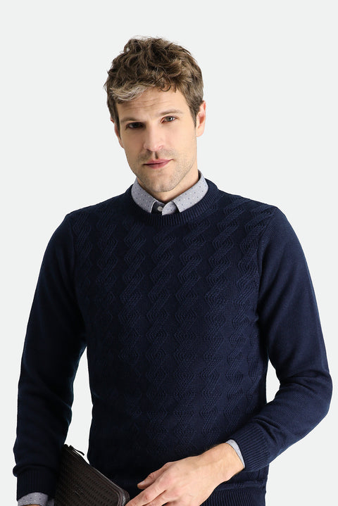 Dark Navy Crew Neck Slim Fit Narrow Cut Patterned Knit Sweater