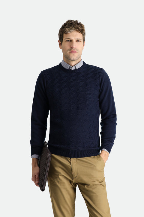 Dark Navy Crew Neck Slim Fit Narrow Cut Patterned Knit Sweater