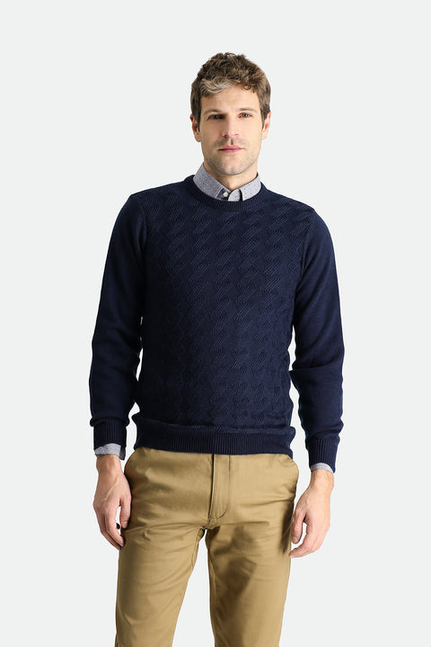 Dark Navy Crew Neck Slim Fit Narrow Cut Patterned Knit Sweater