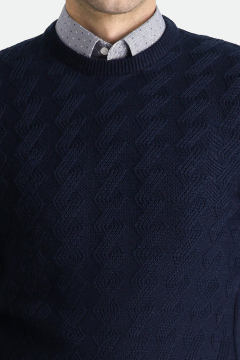 Dark Navy Crew Neck Slim Fit Narrow Cut Patterned Knit Sweater