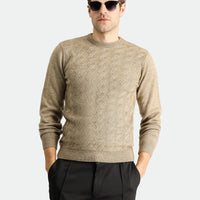Medium Mink Crew Neck Slim Fit Narrow Cut Patterned Knit Sweater