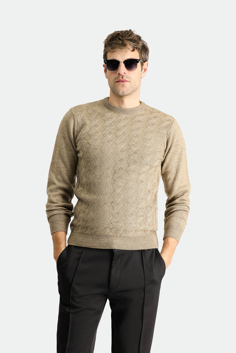 Medium Mink Crew Neck Slim Fit Narrow Cut Patterned Knit Sweater