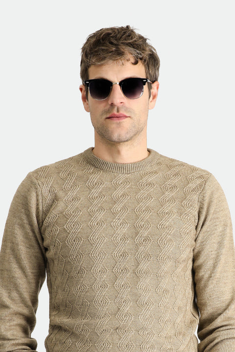 Medium Mink Crew Neck Slim Fit Narrow Cut Patterned Knit Sweater