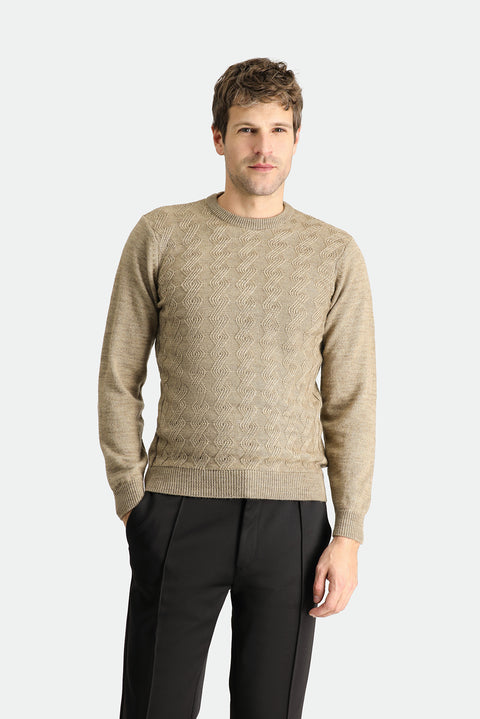 Medium Mink Crew Neck Slim Fit Narrow Cut Patterned Knit Sweater