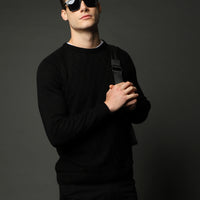 Black Crew Neck Regular Fit Patterned Knit Sweater