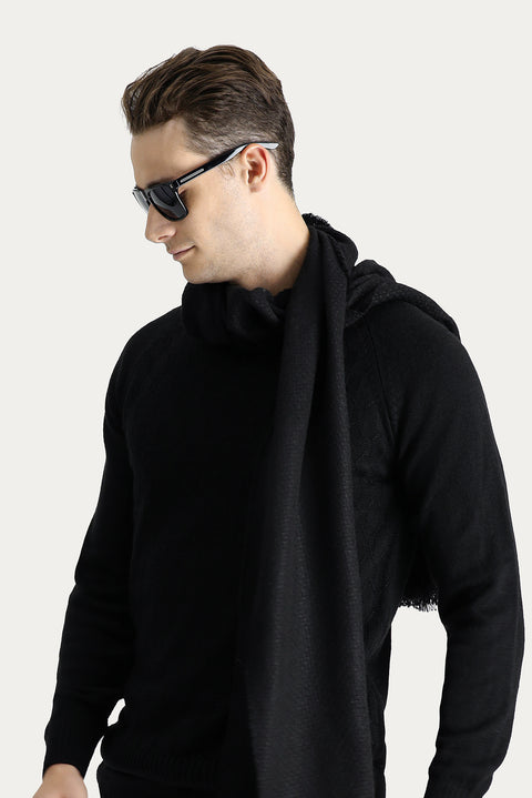 Black Crew Neck Regular Fit Patterned Knit Sweater
