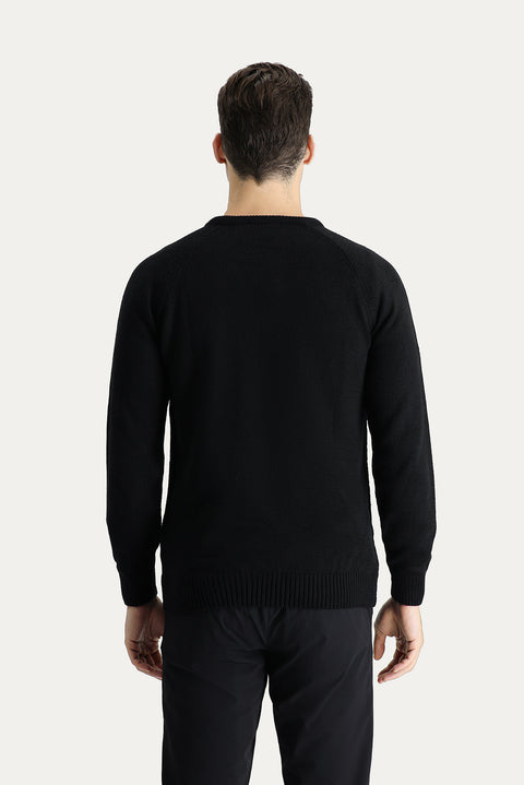 Black Crew Neck Regular Fit Patterned Knit Sweater