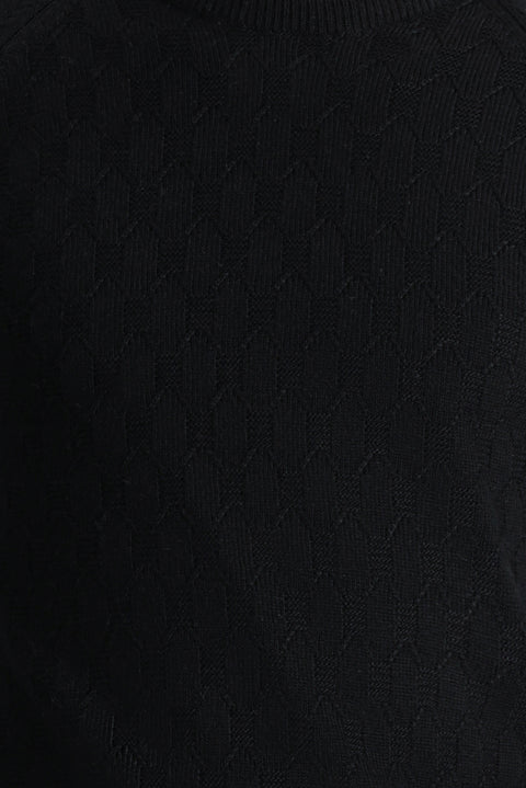 Black Crew Neck Regular Fit Patterned Knit Sweater