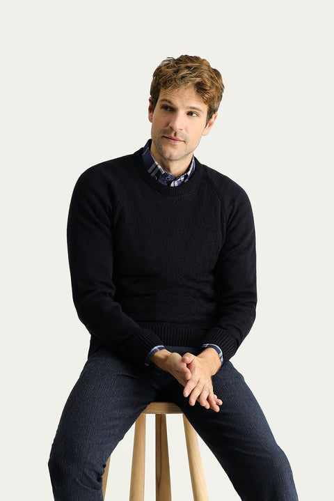 Dark Navy Crew Neck Regular Fit Patterned Knit Sweater