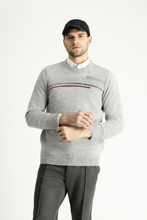 Light Grey Melange Crew Neck Regular Fit Patterned Knit Sweater