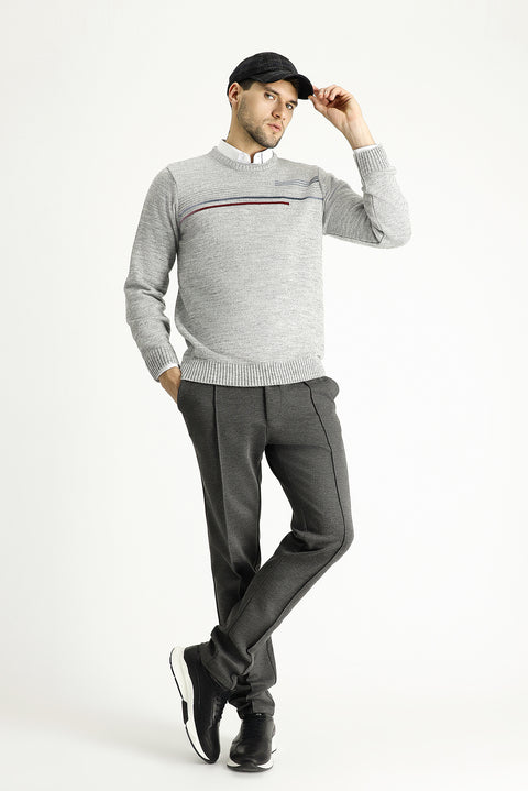 Light Grey Melange Crew Neck Regular Fit Patterned Knit Sweater