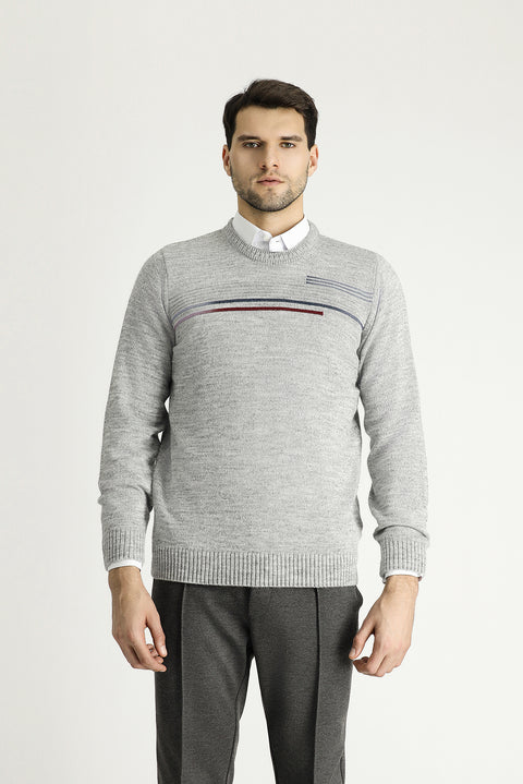 Light Grey Melange Crew Neck Regular Fit Patterned Knit Sweater