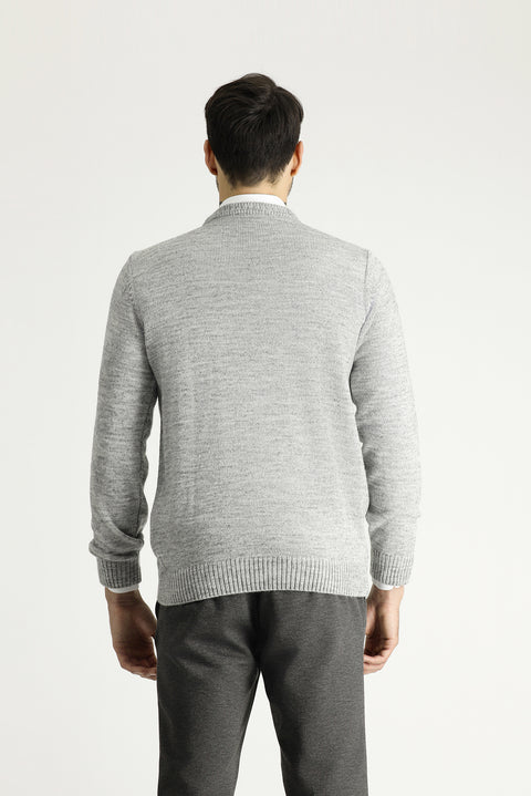 Light Grey Melange Crew Neck Regular Fit Patterned Knit Sweater
