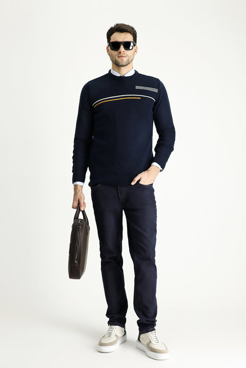 Dark Navy Crew Neck Regular Fit Patterned Knit Sweater