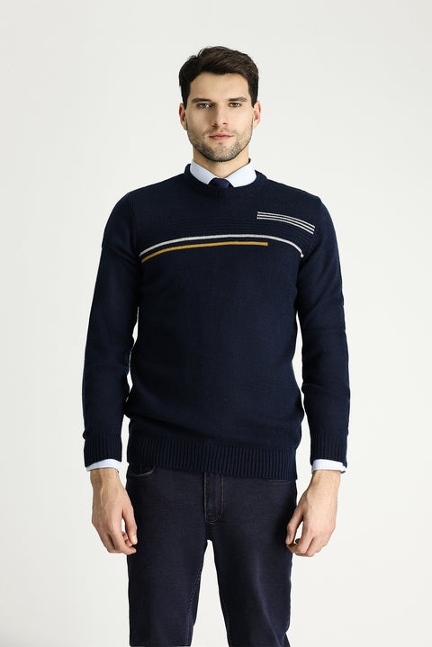 Dark Navy Crew Neck Regular Fit Patterned Knit Sweater