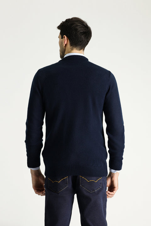 Dark Navy Crew Neck Regular Fit Patterned Knit Sweater
