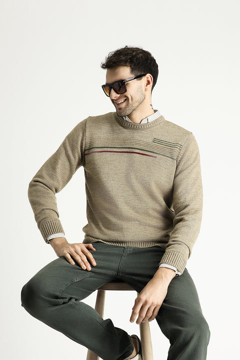 Medium Mink Crew Neck Regular Fit Patterned Knit Sweater