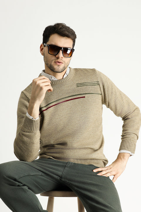Medium Mink Crew Neck Regular Fit Patterned Knit Sweater