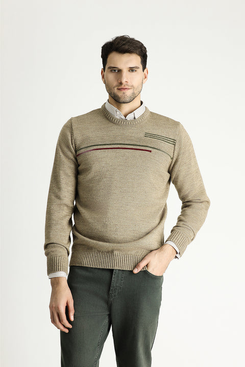 Medium Mink Crew Neck Regular Fit Patterned Knit Sweater