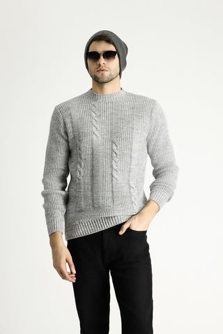  Açık Gri Melanj Bisiklet Yaka Slim Fit Desenli Triko Kazak