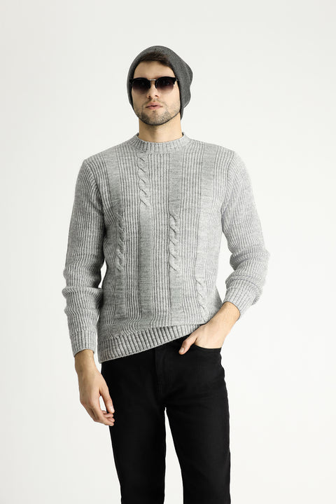 Light Grey Melange Crew Neck Slim Fit Patterned Knit Sweater