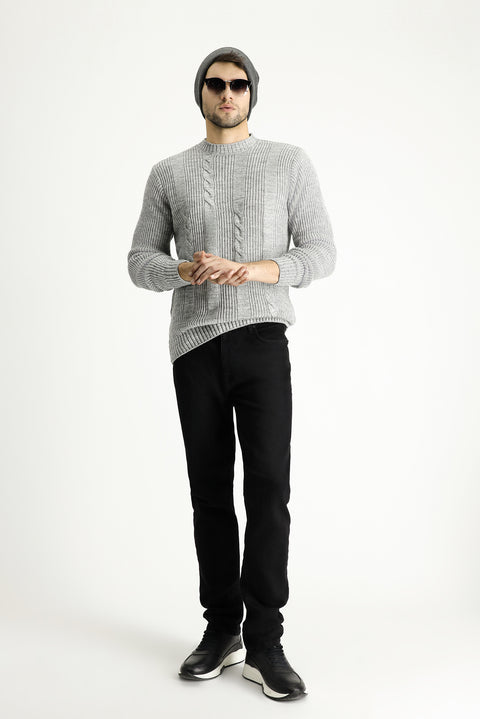 Light Grey Melange Crew Neck Slim Fit Patterned Knit Sweater