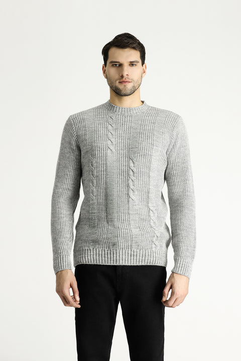 Light Grey Melange Crew Neck Slim Fit Patterned Knit Sweater