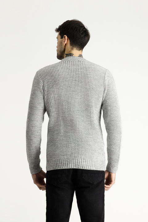 Light Grey Melange Crew Neck Slim Fit Patterned Knit Sweater