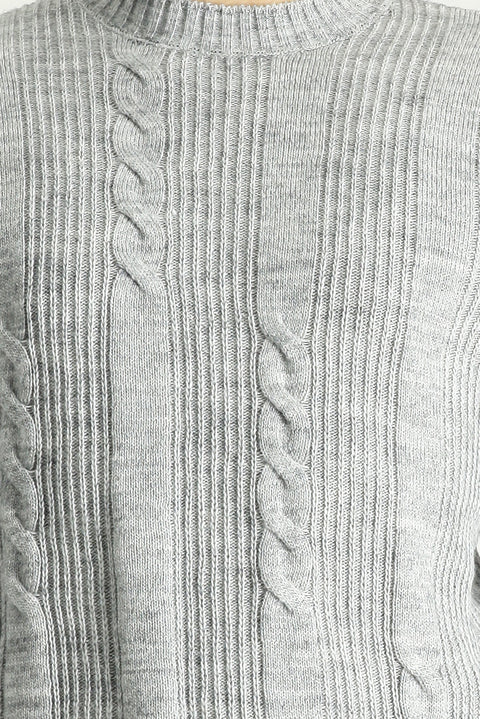 Light Grey Melange Crew Neck Slim Fit Patterned Knit Sweater