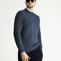 Indigo Crew Neck Slim Fit Patterned Knit Sweater