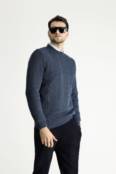 Indigo Crew Neck Slim Fit Patterned Knit Sweater