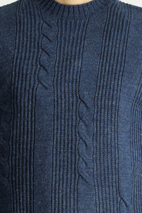 Indigo Crew Neck Slim Fit Patterned Knit Sweater