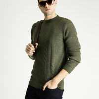 Light Khaki Crew Neck Slim Fit Patterned Knit Sweater